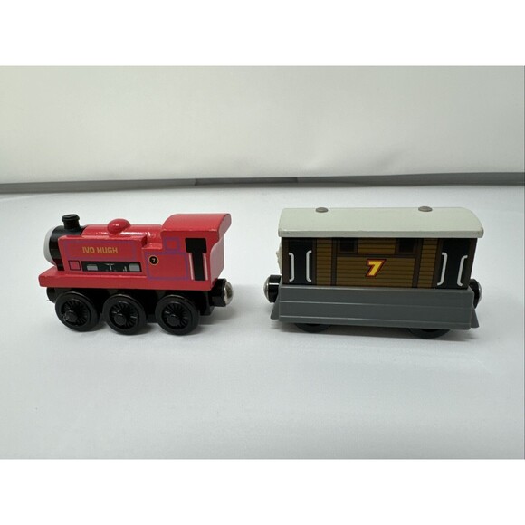 Thomas & Friends Gullane Ivo Hugh Red Train Engine + 7 Toby Car Magnetic Wooden - Picture 5 of 8